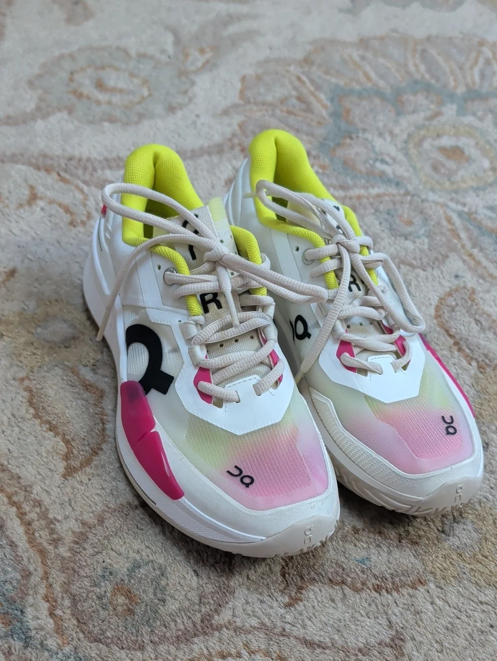 On Cloud The Roger Pro 2 White Athletic Sneakers with Lime & Pink Accents